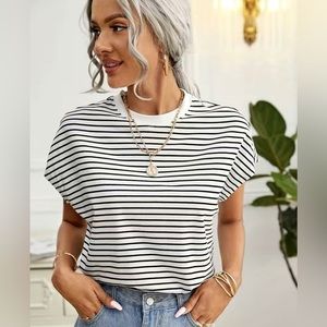 Striped Print T-shirt, Casual Crew Neck Short Sleeve Summer, Boat Women's